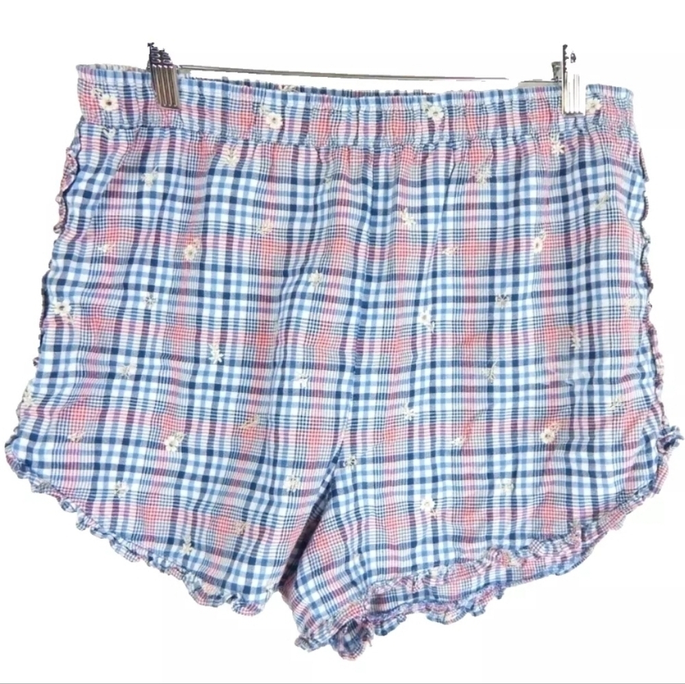 Anthropologie Plaid Floral Embroidered Pajama Shorts